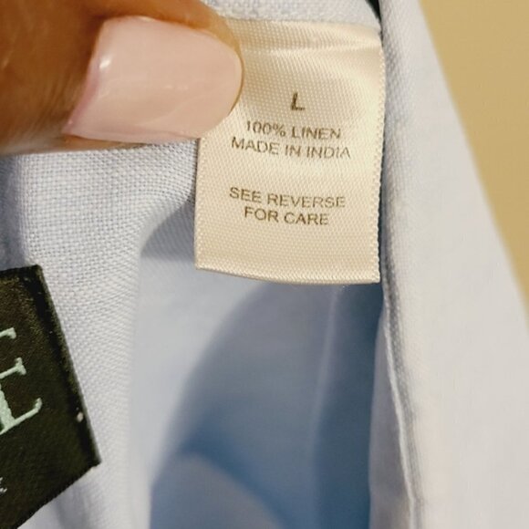 MINE | Men's Blue Multicolored Placket 100% Linen Button-Down Shirt (Size Large) - Picture 3 of 12